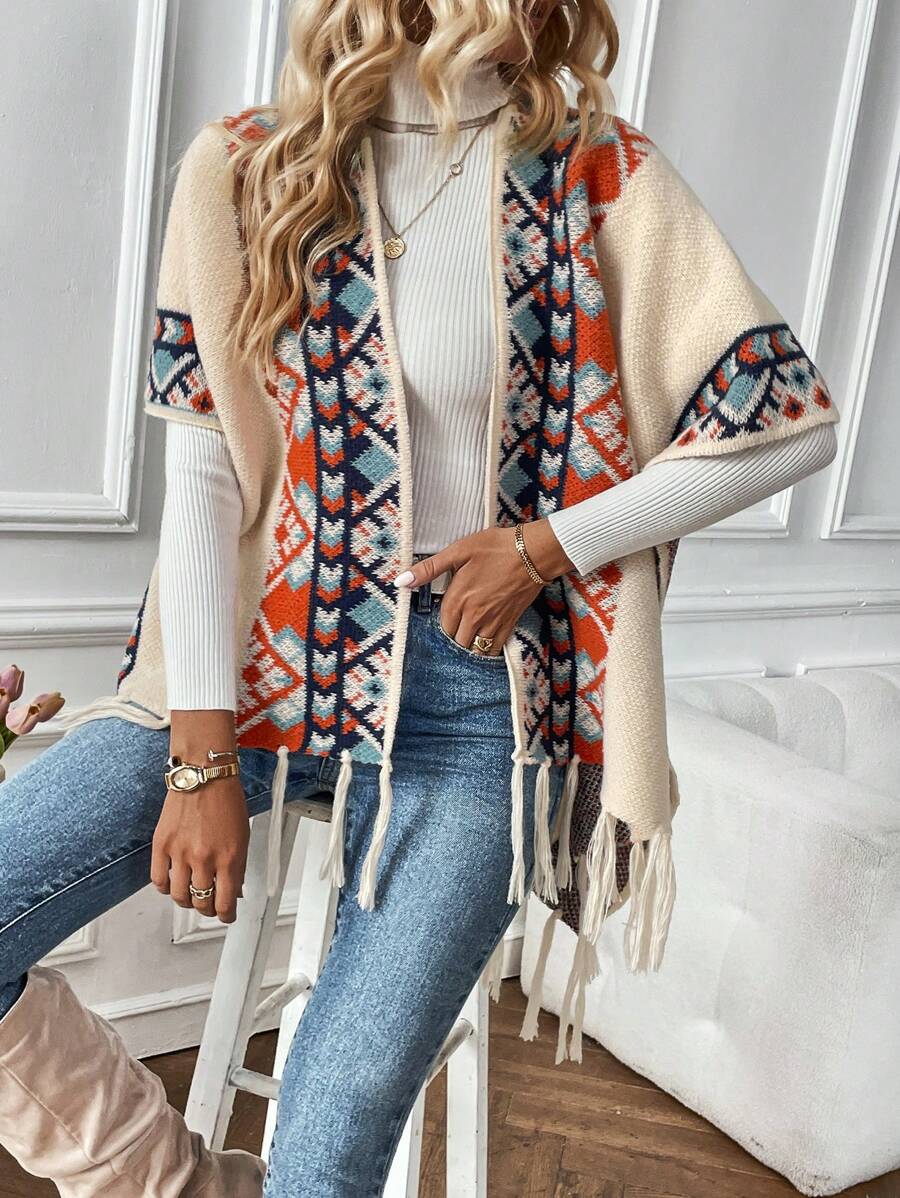 SHEIN LUNE Mẫu Geo Fringe Hem Áo Cardigan - Màu be - Xem 1