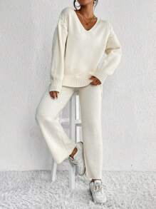 SHEIN Frenchy 落肩毛衣和針織褲 - 杏色 - 查看 1