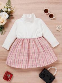 SHEIN Baby Mock Neck Plaid Tweed Dress & Flap Detail Jacket - Multicolor - View 6