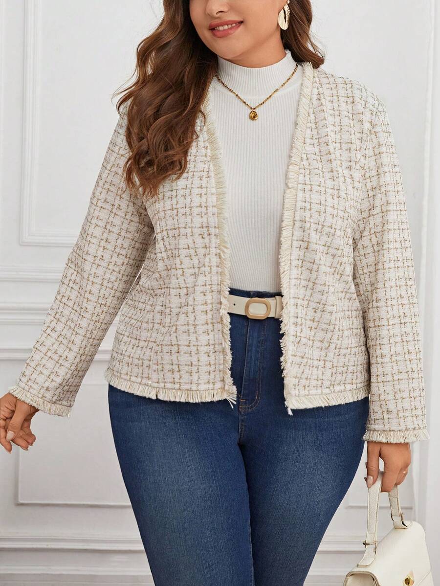 SHEIN Clasi Hơn In kẻ sọc Mở Mặt trước Cạnh thô áo - Màu be - Xem 1