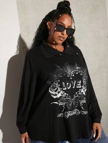 SHEIN CURVE+ 大碼字母和花卉印花T恤 - 黑色 - 查看 2