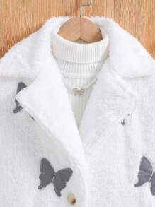 SHEIN Chica preadolescente Abrigo reflectante con patrón de mariposa de peluche sin jersey - Blanco - Ver 4