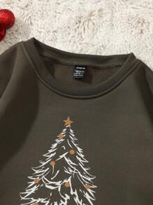 SHEIN Qutie 1pc Christmas Tree Print Thermal Lined Sweatshirt Pullover Fall Outfit - Army Green - View 3