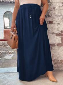 SHEIN LUNE Plus Tie Waist Maxi Skirt - Navy Blue - View 4
