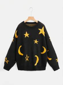 ROMWE Fairycore Suéter De Hombros Caídos De Talla Grande Para Mujer Con Estampado De Estrellas Y Lunas - Negro - Ver 1