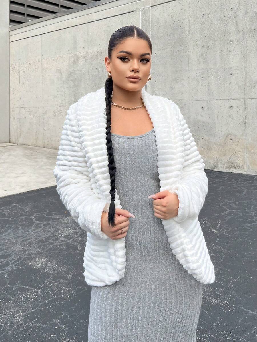 SHEIN SXY Solid Open Front Fuzzy Coat - White - View 1