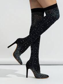 Women's Nightclub Pointed Toe Over-the-knee Boots With Elastic Sock And Sparkling Rhinestone, Fashionable