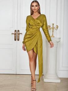 Surplice Neck Draped Detail Satin Dress - Yellow - View 1