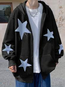 Manfinity Hypemode 男士鬆身星星印花落肩連帽衛衣,附拉鍊設計 - 黑色 - 查看 1