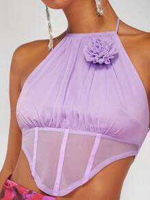 SHEIN BAE Floral Applique Mesh Halter Top - Purple - View 6