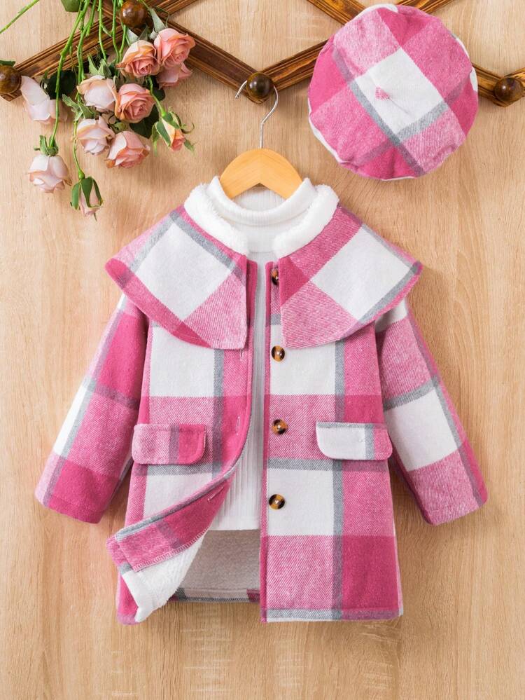 Young Girl Plaid Statement Collar Button Front Overcoat & Hat Without Sweater