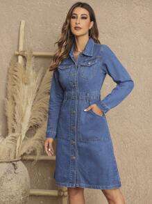 SHEIN LUNE Vestido denim con botones y bolsillo con solapa - Azul - Ver 1