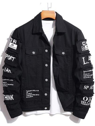 Manfinity Homme Chaqueta vaquera de manga larga de algodón para hombre con parche gráfico de letras, sin camiseta, para otoño