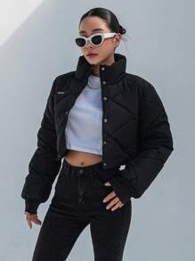 字母拼饰按扣夹棉大衣 - 黑色 - 查看 4