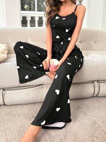 Heart Print Lace Trim Cami Top & Pants PJ Set / Pajama Set - Black - View 6