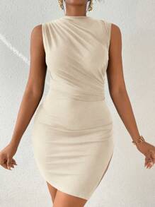 Zolique 素色側收褶不對稱下擺洋裝 - 杏色 - 查看 6