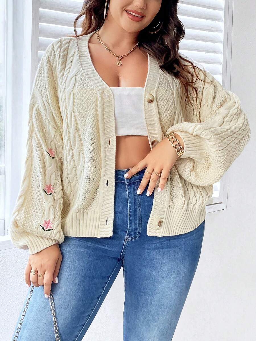 Celure Plus Floral Embroidery Cable Knit Drop Shoulder Cardigan - Beige - View 1