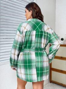 SHEIN Unity Plus Plaid Print Drop Shoulder Belted Coat - Green - View 3