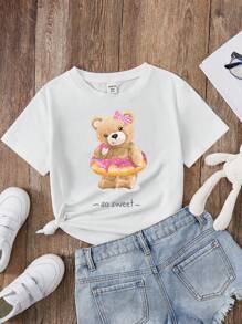 Tween Girl Bear & Letter Graphic Tee - White - View 1