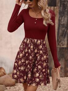 SHEIN LUNE 花卉印花湯匙領洋裝 - 酒紅色 - 查看 6