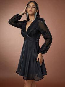 D&M Plunging Neck Lantern Sleeve Sequin Insert Dress - Black - View 4