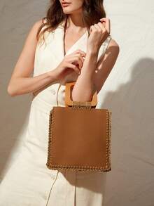 SHEIN VCAY 女士們簡約風&時尚PU皮革拼貼手拿包帶多功能設計 - 駝色 - 查看 10