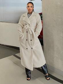 SHEIN SXY Double Breasted Belted Longline Teddy Coat - Beige - View 6