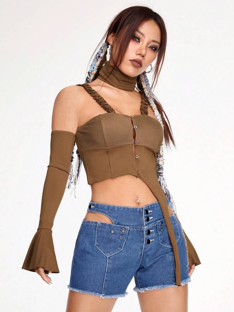 Solid Button Front Flounce Sleeve Crop Top