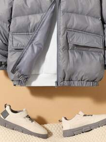 SHEIN Tween Boy 拉链连帽夹棉外套 - 淺灰色 - 查看 4