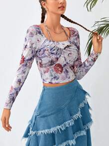 Soleia Camiseta corta con estampado floral y lazo en la espalda
