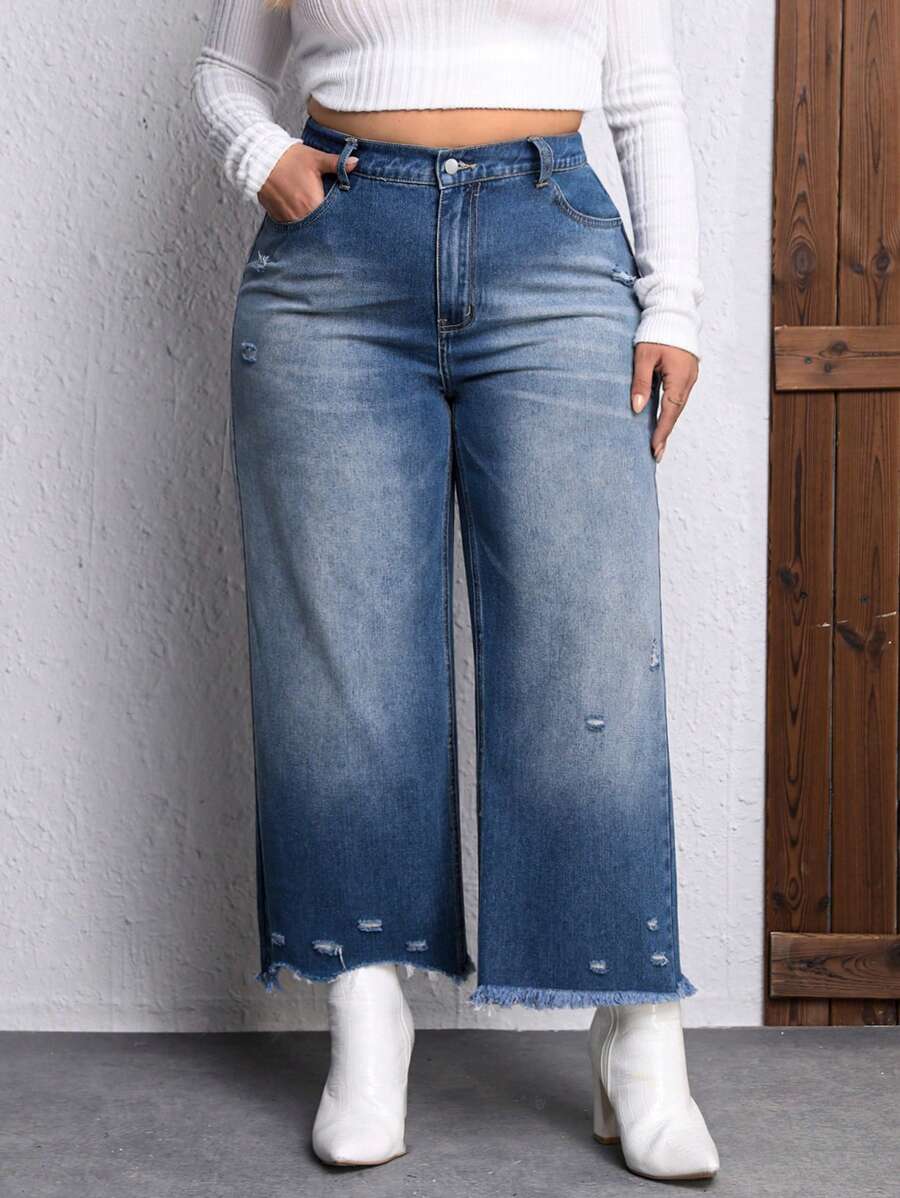 SHEIN LUNE Plus High Waist Ripped Raw Cut Wide Leg Jeans - Light Wash - View 1
