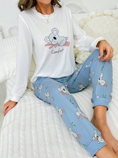 Conjunto de pijama con top y pantalones con gráficos de dibujos animados y letras, ropa de otoño e invierno