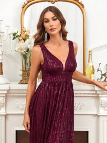 SHEIN Belle Plunging Neck Floor Length Sequins Formal Dress - Red - View 2