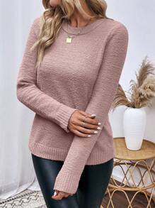 SHEIN Clasi Solid Crew Neck Sweater - Dusty Purple - View 5