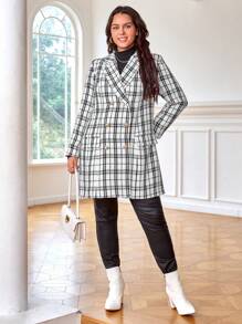 SHEIN Clasi Plus Plaid Double Breasted Overcoat - Black and White - View 4