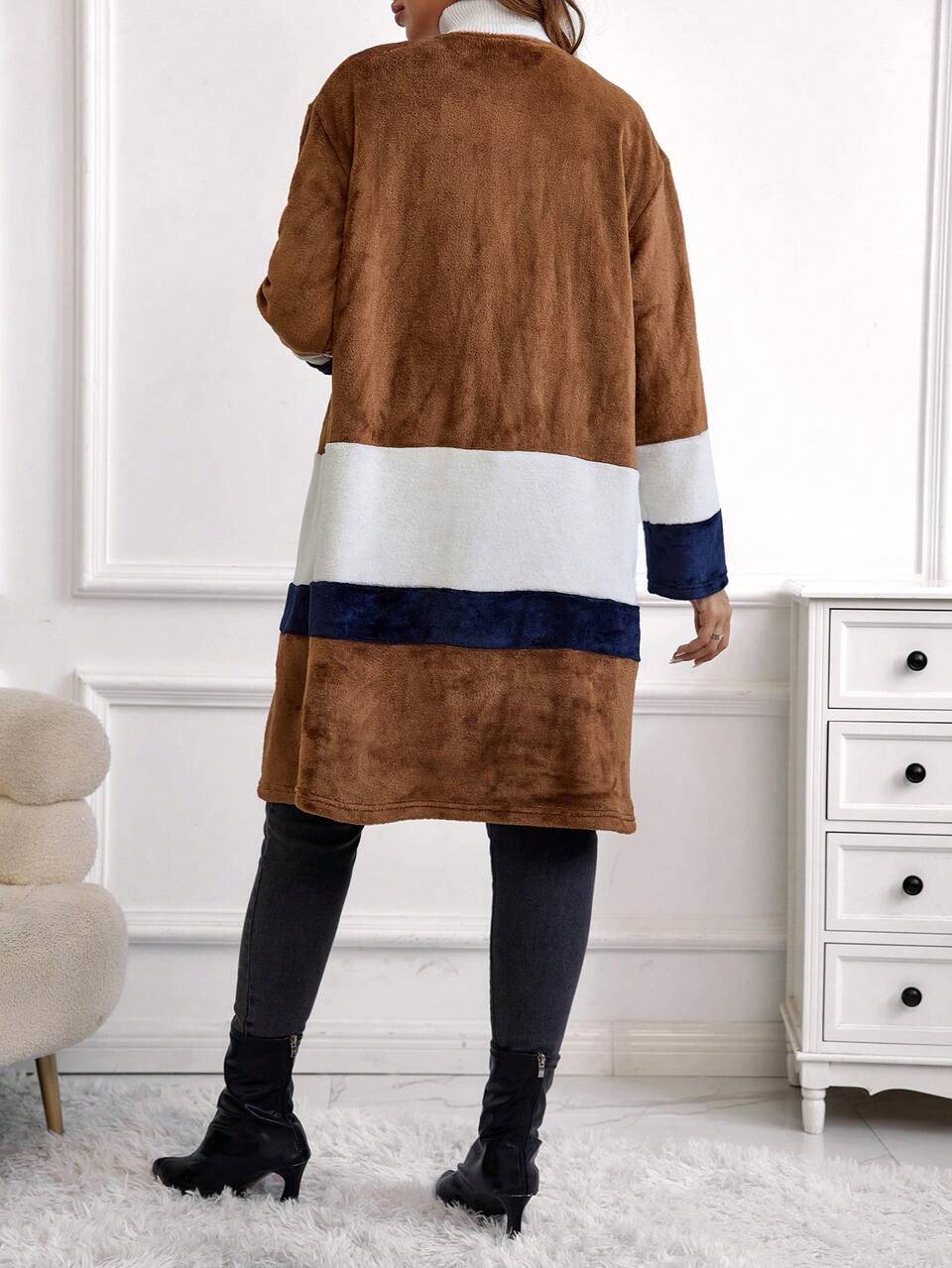 Maternity Color Block Open Front Flannel Coat, For Winter