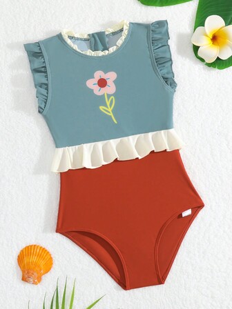 女小童印花荷葉邊連體泳衣