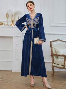 Embroidery Contrast Trim Belted Kaftan Dress - Navy Blue - View 1