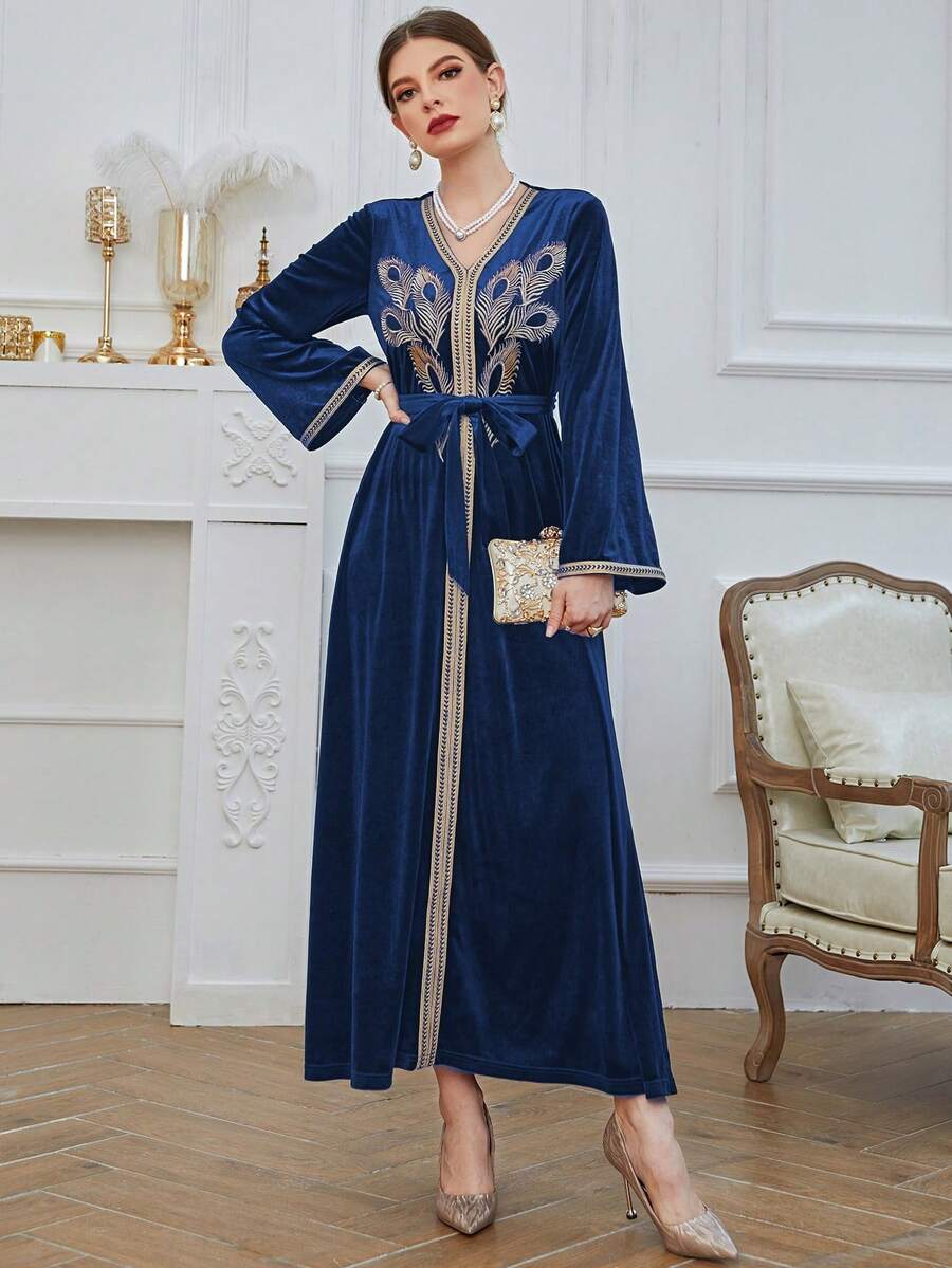 Embroidery Contrast Trim Belted Kaftan Dress - Navy Blue - View 1