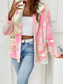 SHEIN Essnce Tie Dye Dual Pocket Drop Shoulder Teddy Coat - Multicolor - View 5