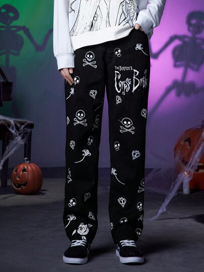 Corpse Bride | ROMWE Hombres Jeans de pierna recta con estampado de halloween