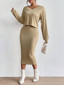 SHEIN LUNE Drop Shoulder Tee & Pencil Skirt - Khaki - View 4