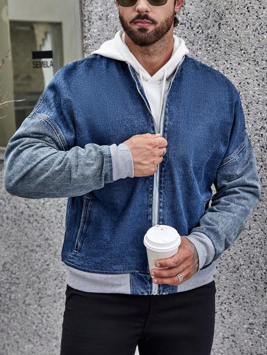 Manfinity Homme Loose Fit Men's Drop Shoulder Denim Jacket With Zipper Closure, Without Hood - Dusty Blue - View 1