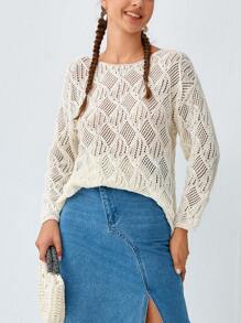 Soleia Solid Drop Shoulder Open Knit Sweater - Apricot - View 5