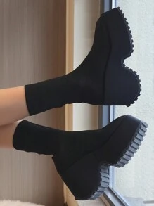 女士厚底坡跟仿珍珠装饰短靴，独立外贸裸色靴，2025秋冬新款坡跟圆头低帮加大码短靴，派对靴