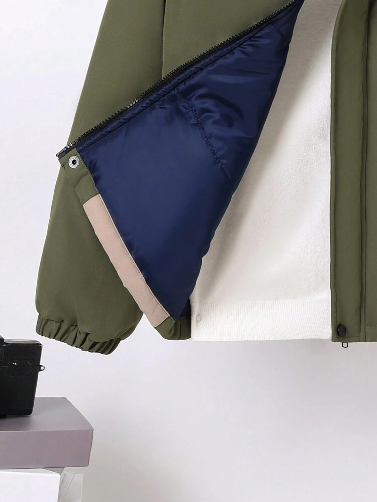 Tween Boy 1pc Colorblock Flap Pocket Zipper Hooded Trench Coat