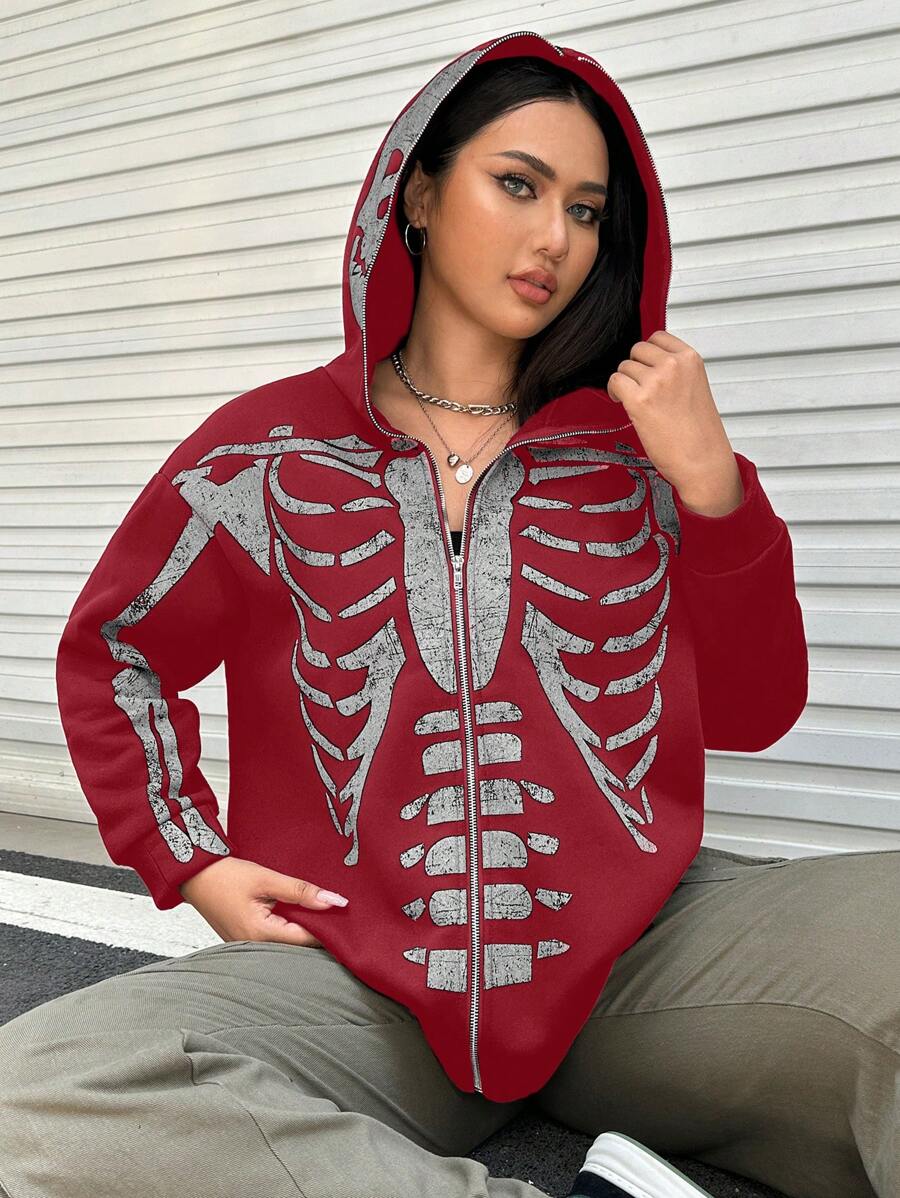 SHEIN EZwear Áo nỉ tay dài có khóa kéo in hình bộ xương, cỡ lớn, vai rớt - Đỏ - Xem 1