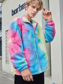 Manfinity RebelGame 超大尺寸男士扎染字母贴花斜口袋泰迪夹克 - 彩色 - 查看 1