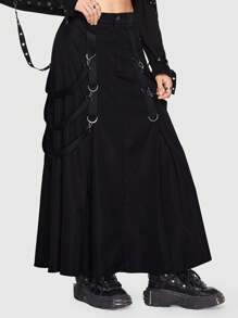 ROMWE Grunge Punk Solid Buckle Detail Fold Pleated Skirt - Black - View 3