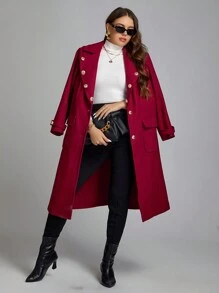 SHEIN Clasi Talla grande Abrigo de cuello con solapa con doble bolsillo con botón delantero - Burdeos - Ver 4